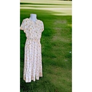 Jaase Maxi Dress M Yellow Floral Boho Pintuck Tie Front  Pockets Peasant Prairie